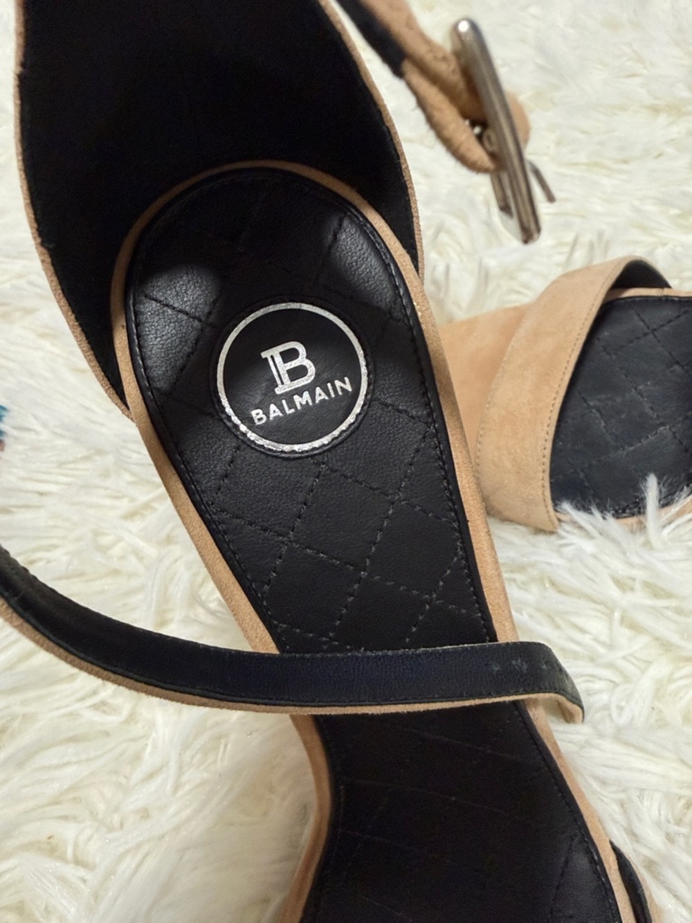 Balmain Beige Suede Ankle-Strap Heels with Sculptural Metallic Logo Heel - Picture 2 of 8
